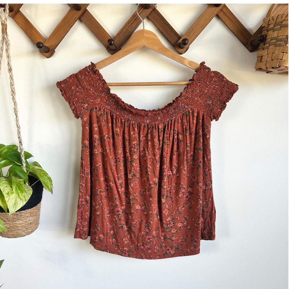American Eagle Floral Smocked Off Shoulder Top Rust Orange Womens Medium
